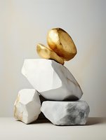 Modern art composition featuring balanced white marble geometric stones with golden metallic spherical shapes on top against neutral background for luxury decor concept.