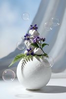 White ceramic vase with purple wildflowers and green ferns surrounded by floating soap bubbles in soft natural light for spa and wellness concepts.