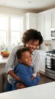 Joyful African American mother hugging laughing young son in bright modern kitchen, warm family bond and happiness at home.