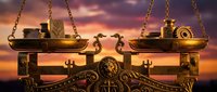 Golden scales of justice balanced against dramatic sunset sky with ornate decorative base symbolizing legal fairness and judicial system equality.