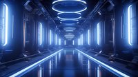 Futuristic corridor with glowing blue neon lights and circular ceiling lamps creating dramatic reflections on glossy floor. Sci-fi interior architecture with modern illumination.