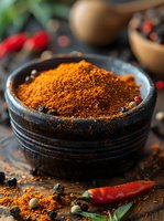 Ground red chili powder in rustic black bowl with fresh peppers and spices scattered around, moody lighting creates dramatic culinary atmosphere.