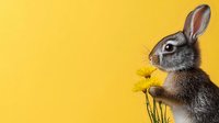 Gray baby rabbit sniffing yellow daisy flower on bright yellow background. Side view portrait of young bunny with long ears exploring spring blossom.