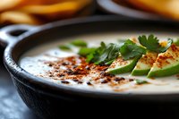 Creamy white soup garnished with fresh avocado slices, cilantro leaves and red spices served in rustic cast iron bowl, close up view with selective focus.