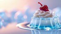 Creamy dessert topped with cherry in elegant glass dish against soft bokeh background. Perfect for food blogs and restaurant menus.