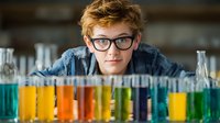 Young male student with glasses in chemistry lab looking over colorful liquid samples in test tubes, focused on scientific experiment.