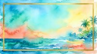 Tropical sunset landscape with watercolor waves, palm trees, and golden frame border on isolated background, suitable for wall art, travel designs, and coastal themed projects.