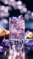 Sparkling drink in crystal glass decorated with purple flowers, glowing pink liquid with bubbles against dark background with bokeh lights and citrus slices.