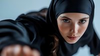 Young Middle Eastern woman wearing black hijab looking directly at camera with confident expression and intense gaze against light background.
