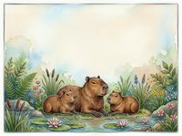 Watercolor capybara family with babies sitting by pond surrounded by tropical plants and flowers on textured paper background for nature designs.
