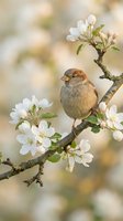 Small sparrow perched on blooming apple tree branch with white flowers in soft spring garden setting with blurred natural background.