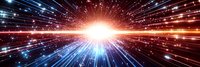 Bright starburst explosion with red and blue light rays radiating from center point against dark background, creating dynamic speed effect and cosmic atmosphere.