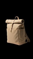 Beige canvas roll-top backpack with adjustable straps, isolated on transparent background. Ready for t-shirt designs, clipart, stickers, and print-on-demand products.