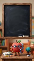 Blank chalkboard with wooden frame above cheerful red apple character wearing glasses, surrounded by school supplies, books, and globe on wooden desk in classroom setting.