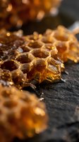 Golden honeycomb dripping with fresh honey on dark slate surface with warm bokeh background for natural organic food and beekeeping concepts.