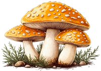 Orange amanita muscaria mushrooms with white spots growing in grass and pebbles, drawn in realistic botanical style. Suitable for nature illustrations.