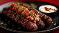 Grilled kebab sausages topped with fresh tomato salsa and herbs, served with yogurt dipping sauce on black plate against red background.