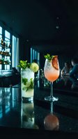 Two refreshing cocktails on bar counter in upscale restaurant with mint garnish and citrus slices for hospitality and dining concepts.