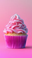 Pink frosted cupcake with swirled buttercream topping in bright magenta paper liner against pink background, showcasing soft lighting and detailed texture.