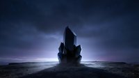 Dark silhouette of an abandoned, haunted castle structure rising from barren desert landscape under stormy twilight sky with dramatic purple and blue lighting.