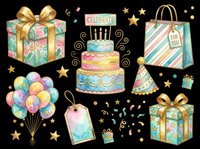Watercolor birthday celebration set with cake, gift boxes, balloons, party hat, and confetti, isolated on transparent background. Great for stickers, cards, and t-shirt design.