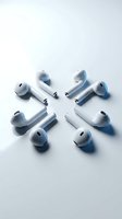 Wireless earbuds and charging cases arranged in circle on white surface, showcasing audio technology for music listening, podcasts, and communication needs.