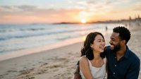 Couple enjoying romantic sunset on beach with ocean waves and golden sky in background, perfect for travel and lifestyle content.