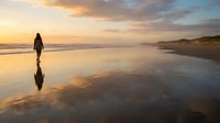 Woman in casual clothing standing alone on wet sand beach at golden hour sunset, reflecting in shallow water with coastal landscape and dramatic sky.