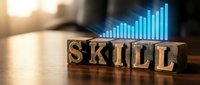 Professional development concept with wooden letter blocks spelling SKILL and rising blue digital chart showing growth and progress in business training.