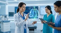 Female doctor presenting holographic lung anatomy to diverse medical team in modern hospital technology center for healthcare education and training.
