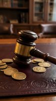 Wooden judge gavel with brass band and gold coins on leather folder in law office with bookshelf background for legal and financial concepts.