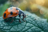 Seven-spotted ladybug covered in morning dew drops resting on textured green leaf surface against soft bokeh background, macro nature photography.