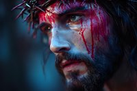 Dramatic portrait of bearded man with crown of thorns and blood effects against dark blue background, representing religious passion narrative.