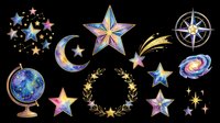 Celestial and astronomy icons set with stars, moon, globe, compass rose, and laurel wreath isolated on transparent background. Ready for t-shirt design, clipart, stickers, sublimation, and print-on-demand projects.