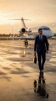 Confident businessman walking on airport tarmac at sunset with private jet in background, carrying briefcase for luxury travel and corporate success.