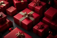 Red wrapped Christmas presents with gold ribbons and bows arranged on dark background. Elegant holiday gift boxes in luxurious burgundy tones create festive composition.