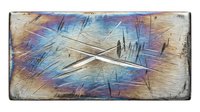 Modern abstract composition featuring dynamic diagonal lines and streaks in shades of blue, purple, and gold across a textured, weathered surface. Suitable for contemporary design projects.