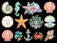 Watercolor ocean clipart set with shells, starfish, seahorse, coral, crab, and anchor, isolated on transparent background, ready for stickers, t-shirt design, and print on demand.
