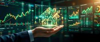 Professional businessman hand presenting glowing digital house model with financial data charts and trading graphs on dark background for investment concept.