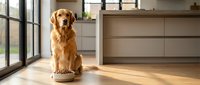 Golden retriever sitting on wooden floor in modern home interior with garage door and large windows, pet care and domestic lifestyle.