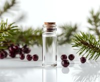 Small glass vial with cork stopper surrounded by pine branches and red berries on white background, perfect for holiday product photography.