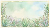 Watercolor botanical frame with aloe vera and succulents on soft pastel background, gold border, copy space for text or design.
