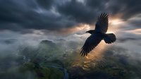Majestic eagle soaring over misty mountain landscape at dramatic sunset with storm clouds and golden light breaking through atmospheric sky.