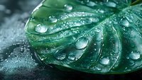 Green leaf covered with fresh water droplets and morning dew on dark surface, nature background for environmental and botanical design projects.