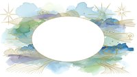 Watercolor abstract frame with golden stars and flowing organic shapes in blue and green tones, oval white space for text or design elements on transparent background.