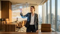 Professional businesswoman interacting with futuristic holographic interface in modern office with city skyline view during presentation or meeting.