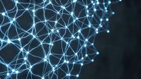 Abstract blue network connections with glowing nodes and lines on dark background for technology, data visualization, and digital communication concepts.