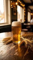 Fresh beer glass with foam on wooden table surrounded by wheat stalks in cozy pub atmosphere with warm bokeh lights for hospitality and brewing concepts.