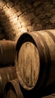 Wooden barrels stacked in a cellar with warm lighting, used for aging wine, whiskey, or spirits in traditional storage facilities.