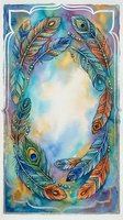 Watercolor feather wreath with peacock plumes and tribal patterns on colorful background for bohemian design projects and spiritual artwork.